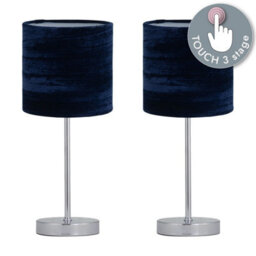 First Choice Lighting Set Of 2 Chrome Touch Table Lamp With Navy Blue Crushed Velvet Shades