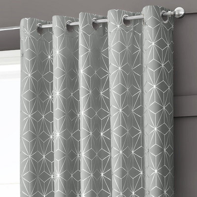 Velosso Modern Blackout Geometric Curtain, Ring Top, Thermal Energy Saving - Silver