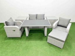 Fimous Outdoor Rattan Garden Furniture Dining Set 5-Seater  Reclining Chair Set With 2 Side Tables Big Stool - thumbnail 1