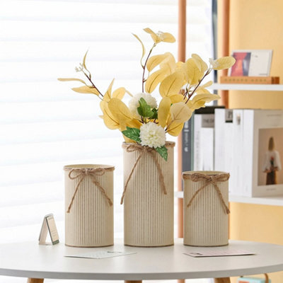 Cream White Set Of 3 Metal Planters Flower Pots With Jute Rope Rustic Vase Home Table Decor - image 1