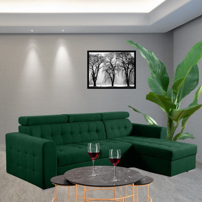 Zara Corner Sofa Bed Storage Compartment Pull Out Sleep Function Elastic Foam Green Right Corner Side - image 1