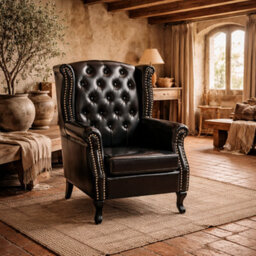 Wyld Haus Nana Bafa Black Wingback Accent Chair With Chesterfield Tufting And Nailhead Trim - Faux Leather, Eucalyptus Frame - thumbnail 1