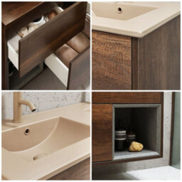 Homestylestore Dark Oak 1212mm Wall Hung Bathroom Vanity Unit Open Shelf And Sand Basin - thumbnail 2
