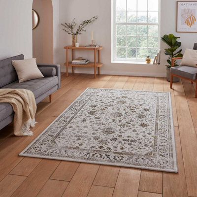 Gold Grey Abstract Bordered 8mm Pile Rug For Bedroom, Living, Dining Room, Easy To Clean Traditional Rug-160Cm X 230Cm - image 1
