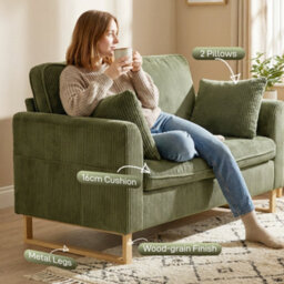Homcom 2 Seater Sofa, Corduroy Sofa W/ Spring Cushions 2 Pillows, Dark Green - thumbnail 5