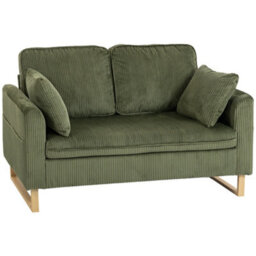 Homcom 2 Seater Sofa, Corduroy Sofa W/ Spring Cushions 2 Pillows, Dark Green - thumbnail 2