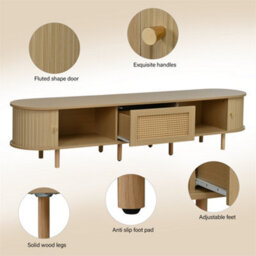 Abrihome Light Wood Oval Tv Stand With Rattan Drawer & 2 Sliding Doors, 180X40X40Cm, With Rounded Corners For Livingroom - thumbnail 3