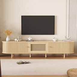 Abrihome Light Wood Oval Tv Stand With Rattan Drawer & 2 Sliding Doors, 180X40X40Cm, With Rounded Corners For Livingroom
