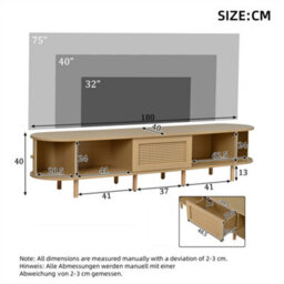 Abrihome Light Wood Oval Tv Stand With Rattan Drawer & 2 Sliding Doors, 180X40X40Cm, With Rounded Corners For Livingroom - thumbnail 7