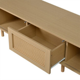 Abrihome Light Wood Oval Tv Stand With Rattan Drawer & 2 Sliding Doors, 180X40X40Cm, With Rounded Corners For Livingroom - thumbnail 8