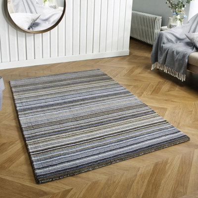 Handmade Easy To Clean Luxurious Modern Striped Grey Wool Rug For Living Room & Bedroom-160Cm X 230Cm - image 1