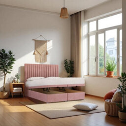 "Knight Sleep Emily Ottoman Bed Pink Plush 2Ft6  With Mattress & 24""headboard - Small Single" - thumbnail 1