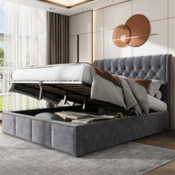 Abrihome 135X190Cm, Upholstered Double Bed With Bench (135X41X42Cm), With Hydraulic Lever, Functional Storage Bed, Linen, Grey - thumbnail 8