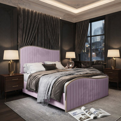 Hurstpierpoint Upholstered Soft Velvet Pink Metal Designer Bed Frame - image 1