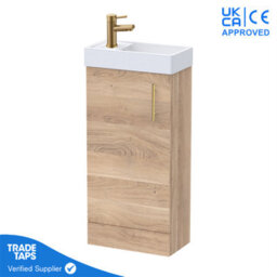 GravaHaus Bleached Oak Gloss Floor Standing Vanity Unit 400mm With Brushed Brass Tap, Waste & Handle - thumbnail 1