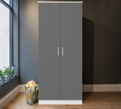Reflect 2 Door Plain Wardrobe - Grey Gloss & Matt White - Hanging Rails & Shelves - H: 180Cm X W: 76Cm - Modern Sleek Design - image 1