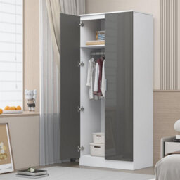 Reflect 2 Door Plain Wardrobe - Grey Gloss & Matt White - Hanging Rails & Shelves - H: 180Cm X W: 76Cm - Modern Sleek Design - thumbnail 2