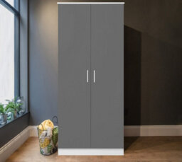 Reflect 2 Door Plain Wardrobe - Grey Gloss & Matt White - Hanging Rails & Shelves - H: 180Cm X W: 76Cm - Modern Sleek Design - thumbnail 1