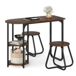 Gainoom Table And 2 Bar Stools Set Table With 2 Shelves Stools With Adjustable Legs Space-Saving Metal And Wood Frame Bar Unit - thumbnail 1