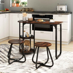 Gainoom Table And 2 Bar Stools Set Table With 2 Shelves Stools With Adjustable Legs Space-Saving Metal And Wood Frame Bar Unit - thumbnail 3