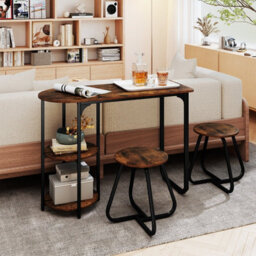 Gainoom Table And 2 Bar Stools Set Table With 2 Shelves Stools With Adjustable Legs Space-Saving Metal And Wood Frame Bar Unit - thumbnail 4