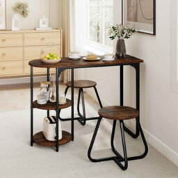 Gainoom Table And 2 Bar Stools Set Table With 2 Shelves Stools With Adjustable Legs Space-Saving Metal And Wood Frame Bar Unit - thumbnail 5