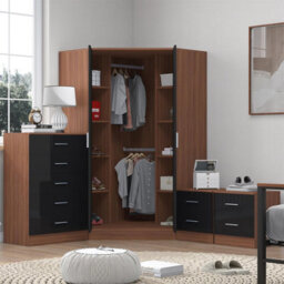 Reflect 2 Door Corner Wardrobe, 5 Drawer Chest, 2X 2 Drawer Bedsides - Black Gloss & Walnut - Bedroom Furniture Set - thumbnail 2