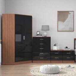Reflect 2 Door Corner Wardrobe, 5 Drawer Chest, 2X 2 Drawer Bedsides - Black Gloss & Walnut - Bedroom Furniture Set - thumbnail 3