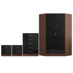 Reflect 2 Door Corner Wardrobe, 5 Drawer Chest, 2X 2 Drawer Bedsides - Black Gloss & Walnut - Bedroom Furniture Set - thumbnail 6