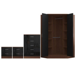 Reflect 2 Door Corner Wardrobe, 5 Drawer Chest, 2X 2 Drawer Bedsides - Black Gloss & Walnut - Bedroom Furniture Set - thumbnail 7