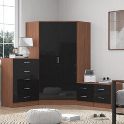 Reflect 2 Door Corner Wardrobe, 5 Drawer Chest, 2X 2 Drawer Bedsides - Black Gloss & Walnut - Bedroom Furniture Set - thumbnail 1