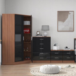 Reflect 2 Door Corner Wardrobe, 5 Drawer Chest, 2X 2 Drawer Bedsides - Black Gloss & Walnut - Bedroom Furniture Set - thumbnail 4