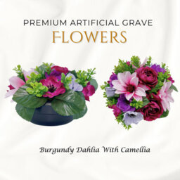 Premium Artificial Grave Flowers - 24Cm Burgundy Dahlia With Camellia Weighted Pot - thumbnail 1