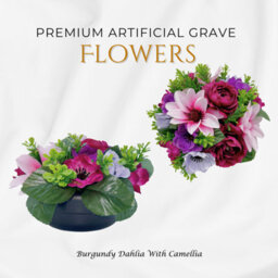 Premium Artificial Grave Flowers - 24Cm Burgundy Dahlia With Camellia Weighted Pot - thumbnail 3