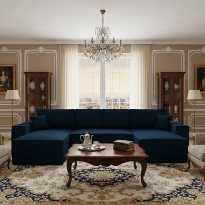 Malaga U Mdf Upholstered Living Room Corner Sofa Bed Has Storage Free Standing Backrest 370X181X94Cm Blue - image 1
