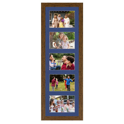 AK Frames 26X8 Dark Oak Modern Multi Photo Frame With Blue Mount - Holds 5 Apertures (5X) 6X4 Photos - image 1