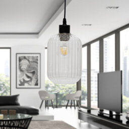 First Choice Lighting Ribbed Glass Kitchen Dining Ceiling Light Pendant With Black - thumbnail 3