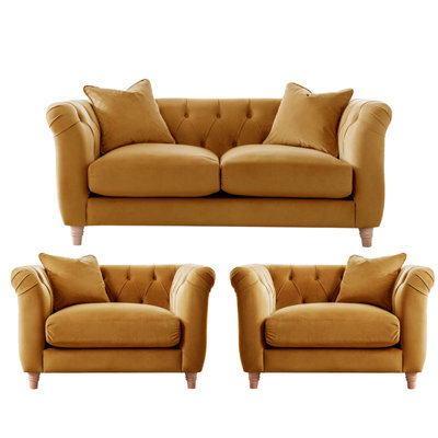 Furnishings For Less UK Elsie Velvet Chesterfield Plush Velvet Ochre 2 Seater + 2X Armchair Set - image 1
