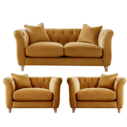 Furnishings For Less UK Elsie Velvet Chesterfield Plush Velvet Ochre 2 Seater + 2X Armchair Set - thumbnail 1