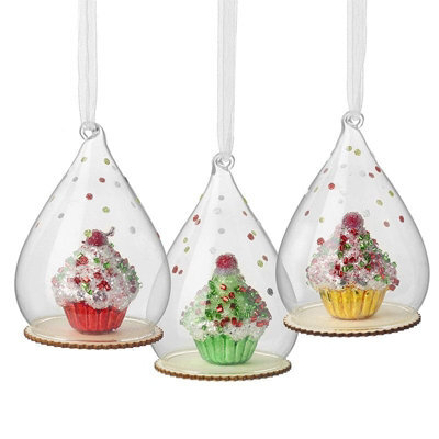 Heaven Sends Christmas Set Of 3 Glass Dome Cupcake Hanging Ornaments, Gold, 10 X 6.5 Cm Each