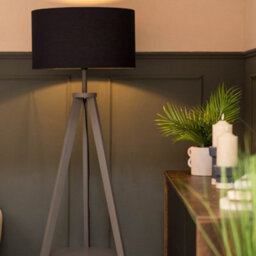 Valuelights Morrigan Grey Wood Shelf Tripod Floor Lamp With Navy Drum Shade And Bulb - thumbnail 2