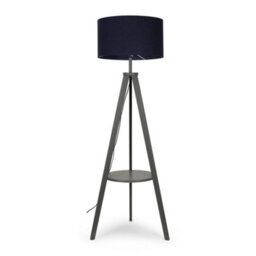 Valuelights Morrigan Grey Wood Shelf Tripod Floor Lamp With Navy Drum Shade And Bulb