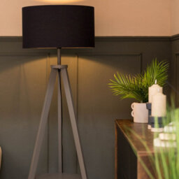 Valuelights Morrigan Grey Wood Shelf Tripod Floor Lamp With Navy Drum Shade And Bulb - thumbnail 5