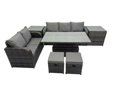 Fimous Rattan Garden Furniture Dining Set 7-Seater Patio Height Adjustable Rising Lifting Table Sofa Set With 2 Small Footstools - image 1