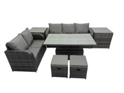 Fimous Rattan Garden Furniture Dining Set 7-Seater Patio Height Adjustable Rising Lifting Table Sofa Set With 2 Small Footstools - thumbnail 1