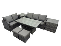 Fimous Rattan Garden Furniture Dining Set 7-Seater Patio Height Adjustable Rising Lifting Table Sofa Set With 2 Small Footstools - thumbnail 2