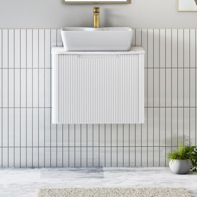 Royal Bathrooms Avenza 600mm Matt White Wall Hung Bathroom Countertop Vanity Unit 1 Drawer With Cube Basin - image 1