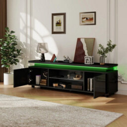 Black Large Led Tv Unit Stand Cabinet 2 Doors Sideboard Storage - thumbnail 5