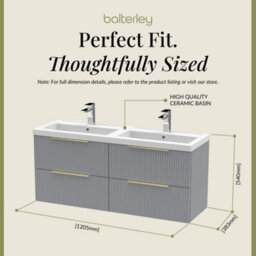 Balterley Fluted Front Wall Hung 4-Drawer Bathroom Vanity Unit With Double Basin, 1200mm, Satin Grey, Brushed Brass Handles - thumbnail 5