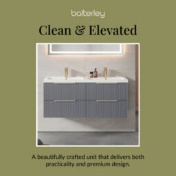 Balterley Fluted Front Wall Hung 4-Drawer Bathroom Vanity Unit With Double Basin, 1200mm, Satin Grey, Brushed Brass Handles - thumbnail 7